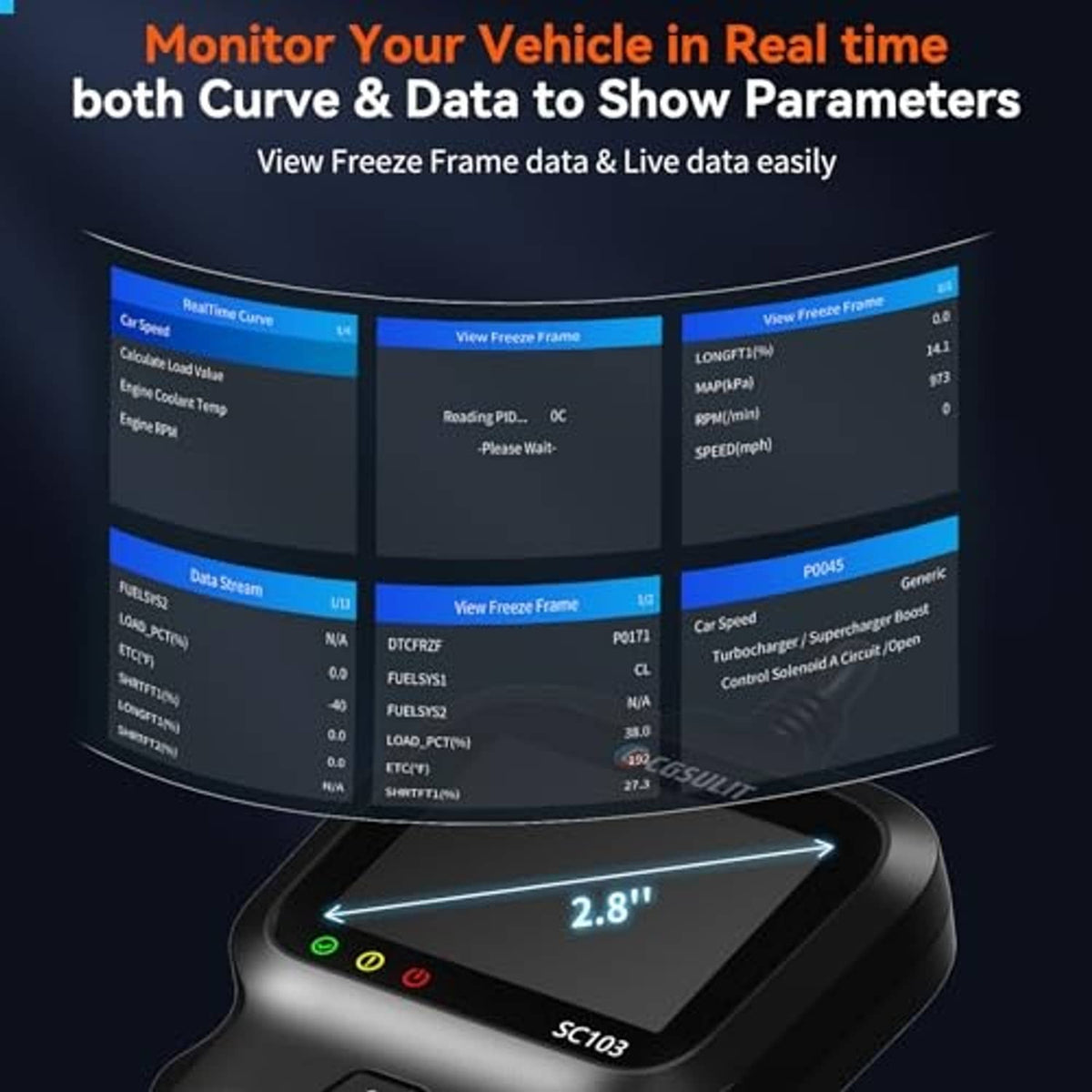 Handheld OBD2 scanner showing live data and freeze-frame style display