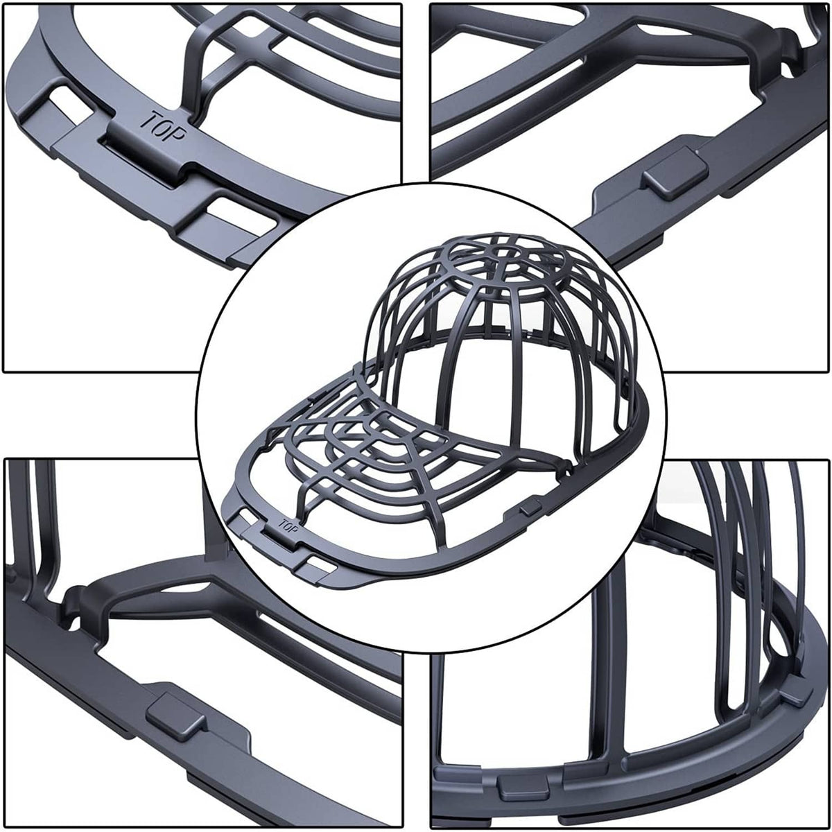 Hat-washing rack with curved black grips holding a blue cap brim