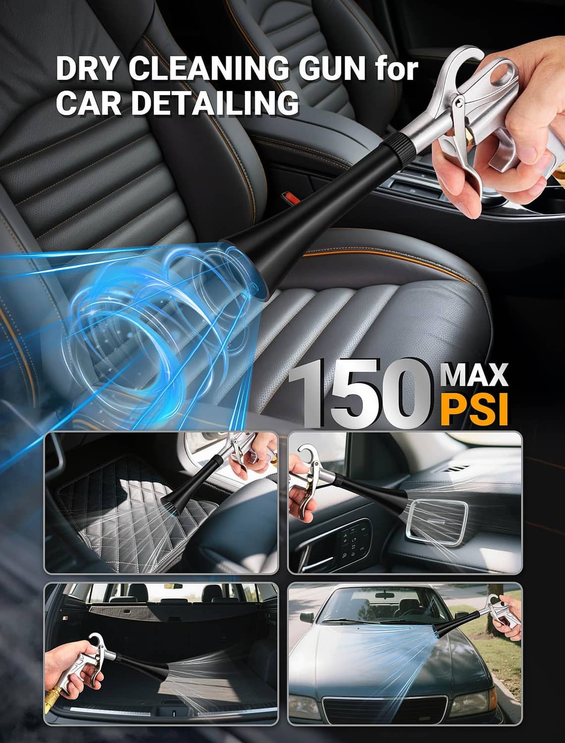 Silver air blower gun with black nozzle, held for cleaning car seats and crevices