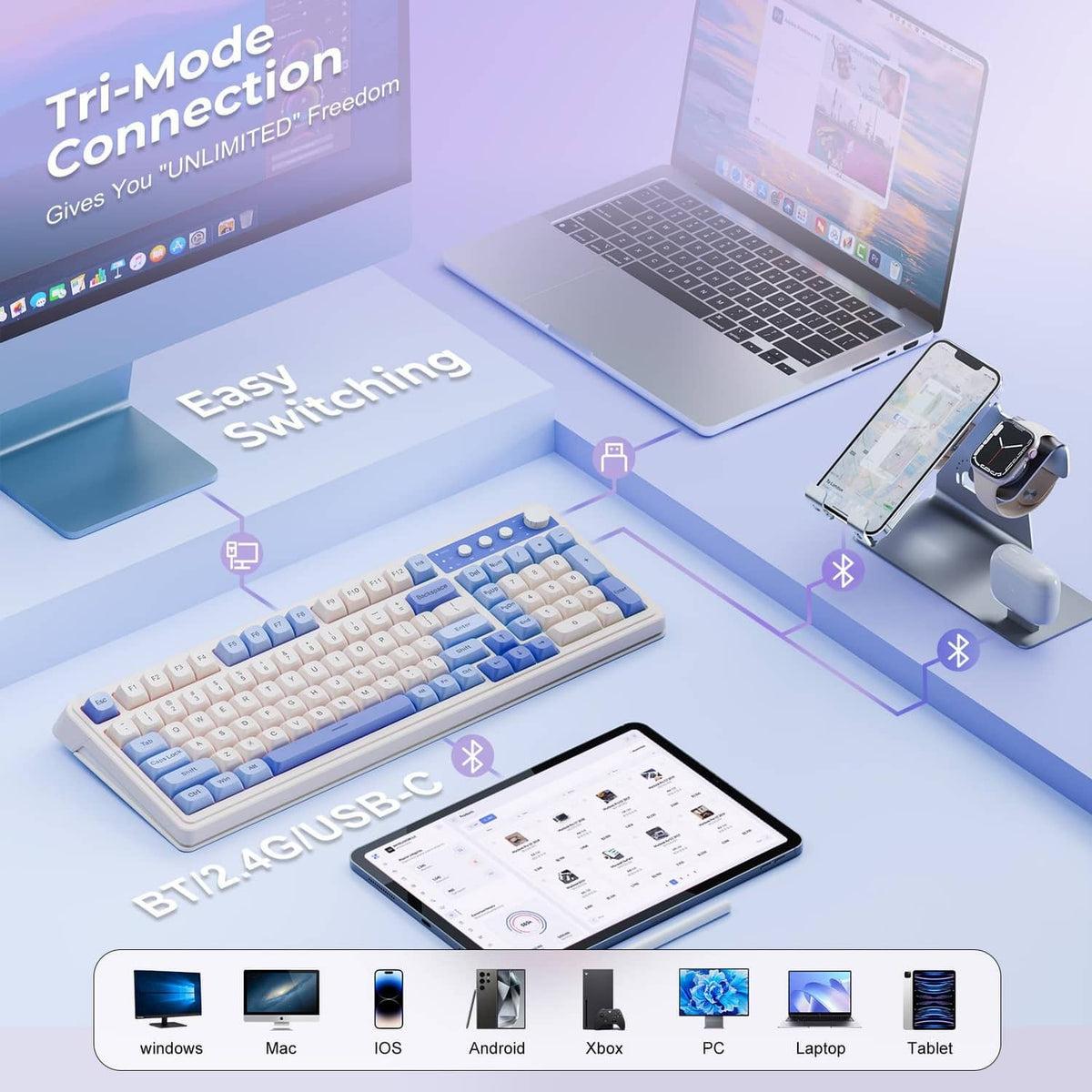 Compact wireless gaming keyboard with white and blue keycaps and multi-device buttons
