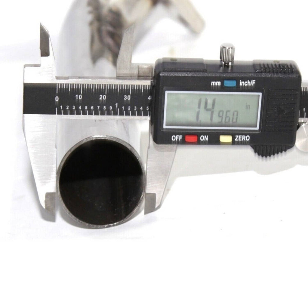 Stainless-steel dump tube inlet diameter shown with a digital caliper readout