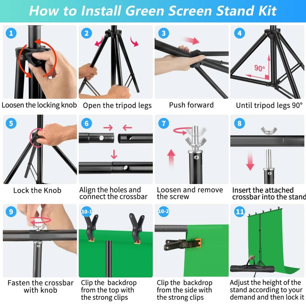 Green screen backdrop stand setup steps showing tripod legs and crossbar