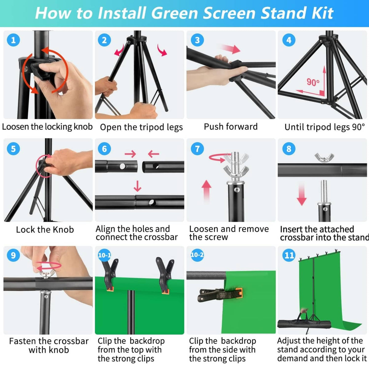 Green screen backdrop stand setup steps showing tripod legs and crossbar