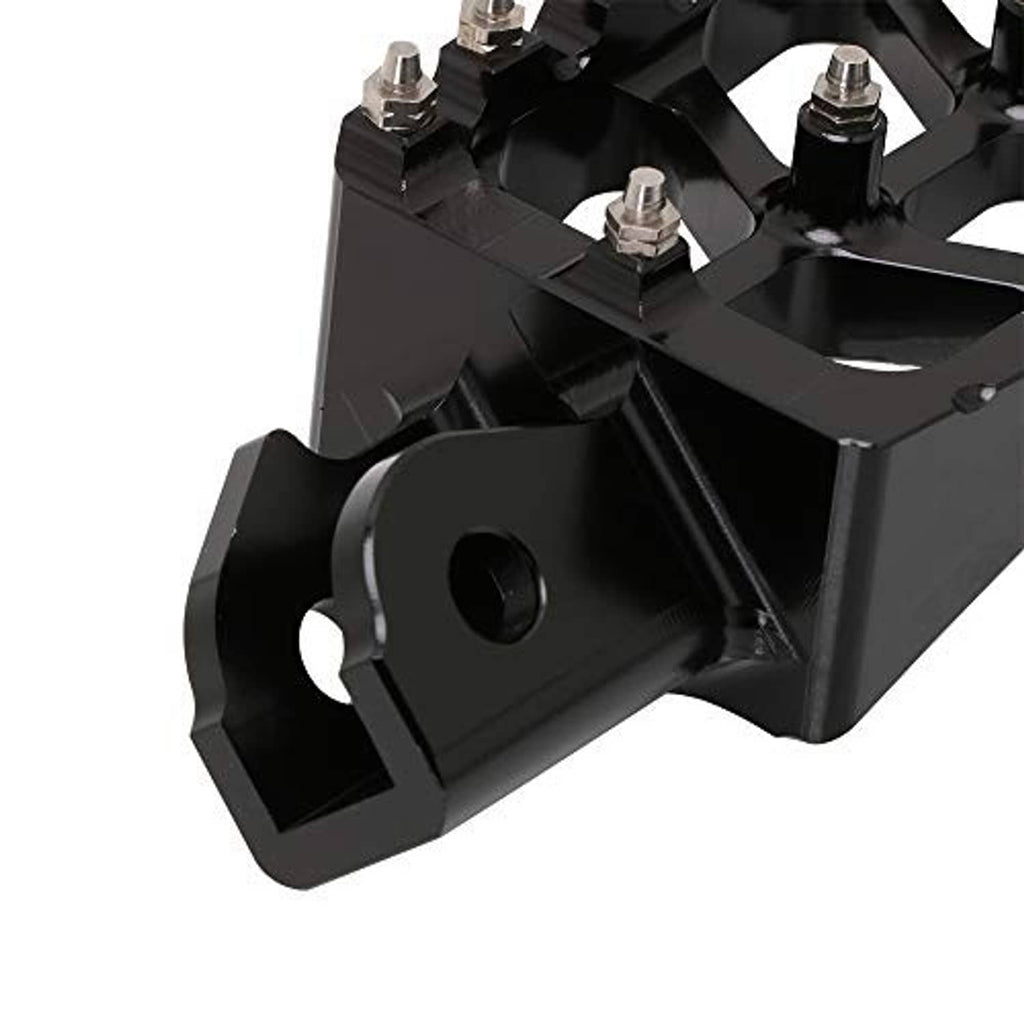 Black CNC aluminum foot peg close-up with mounting bolts and spiked traction surface