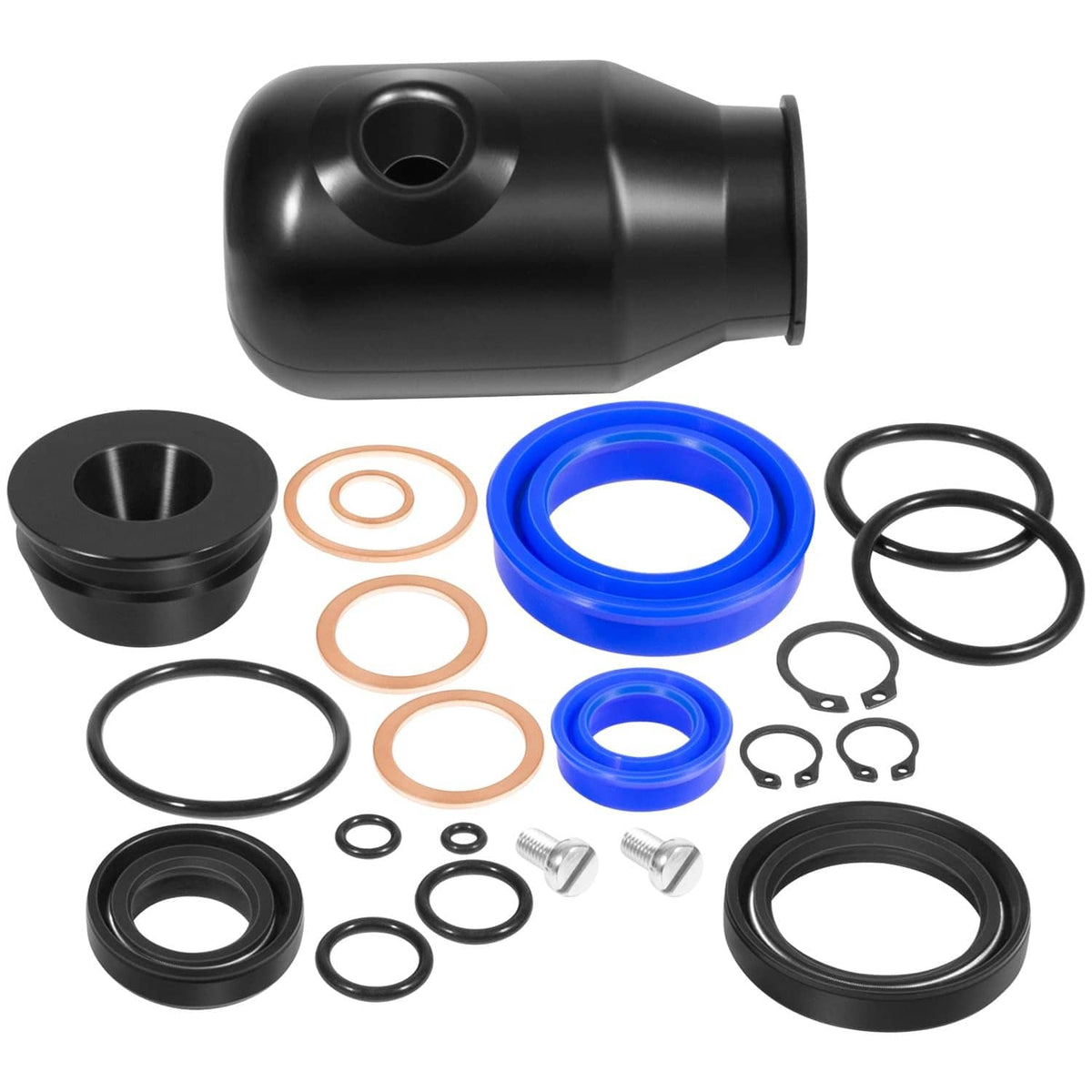 Hydraulic seal rebuild kit with black cylinder housing and assorted O-rings