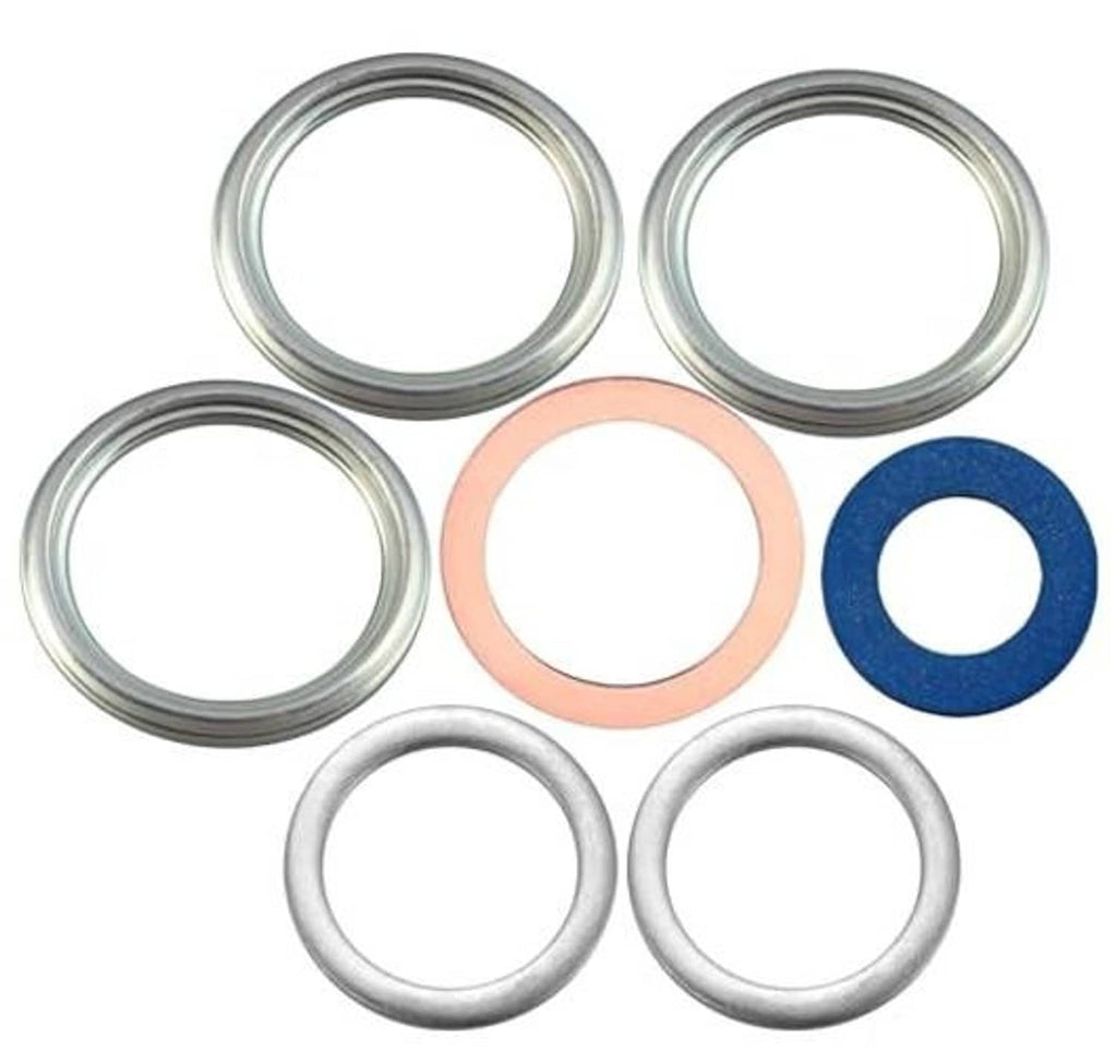 7-piece drain plug gasket set with silver metal rings plus orange and blue seals