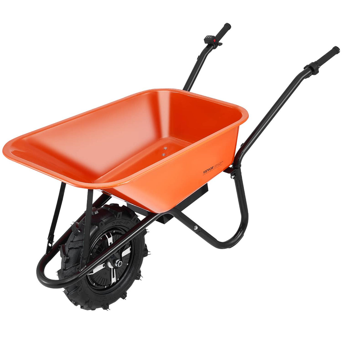 Orange dump tub electric wheelbarrow cart with two side handles and one wheel.