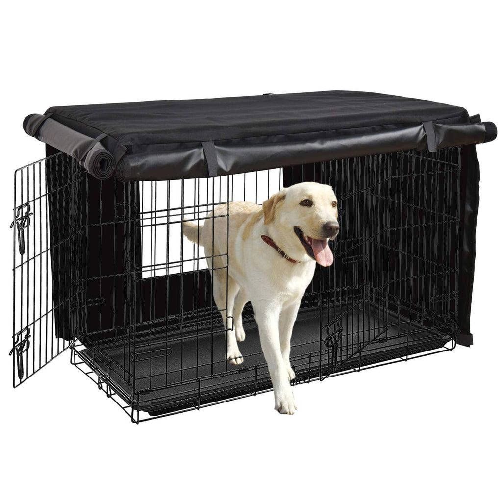 Black dog crate cover over a wire kennel with side opening and top cover, dog inside