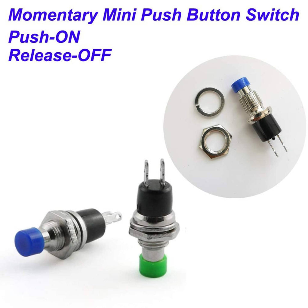 Mini push button switches with blue and green caps, metal bodies, and two pins