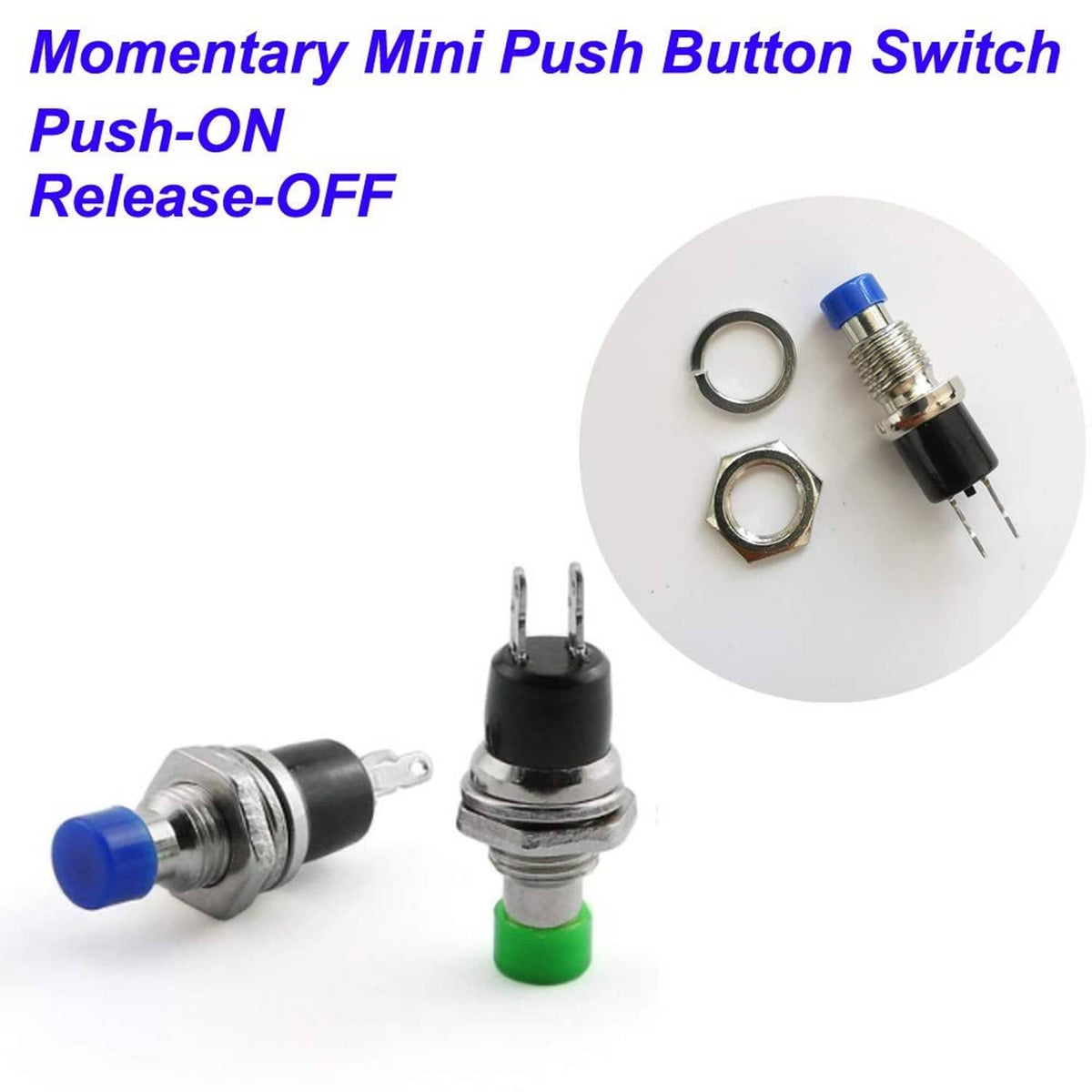 Mini push button switches with blue and green caps, metal bodies, and two pins