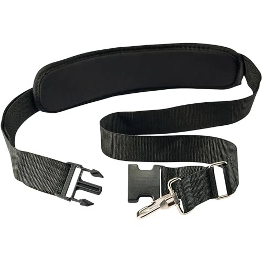 Black padded shoulder strap with adjustable belt and metal buckle clips
