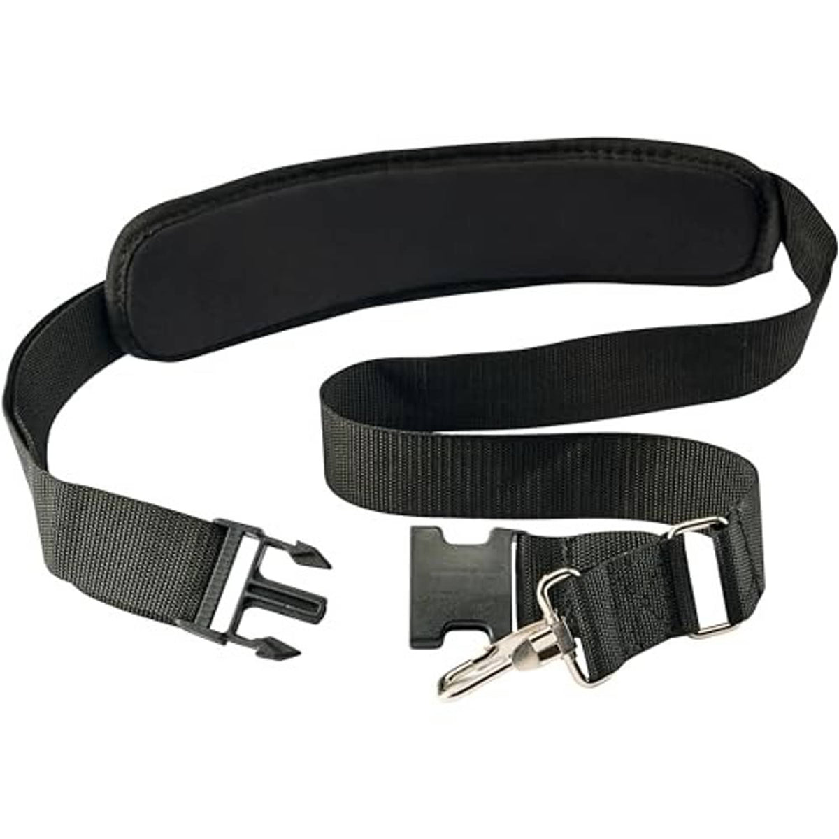Black padded shoulder strap with adjustable belt and metal buckle clips
