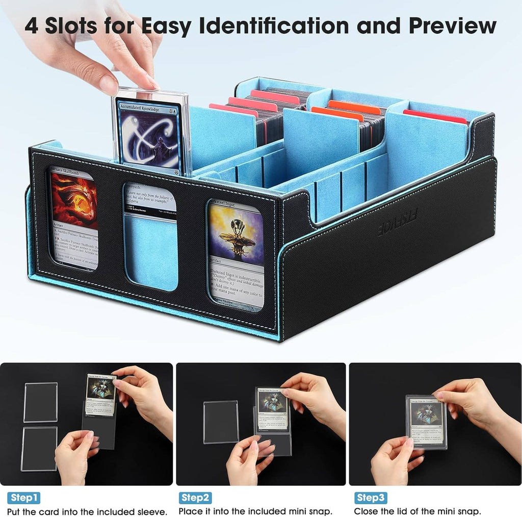 Trading card deck box with front display windows and blue dividers for card preview slots