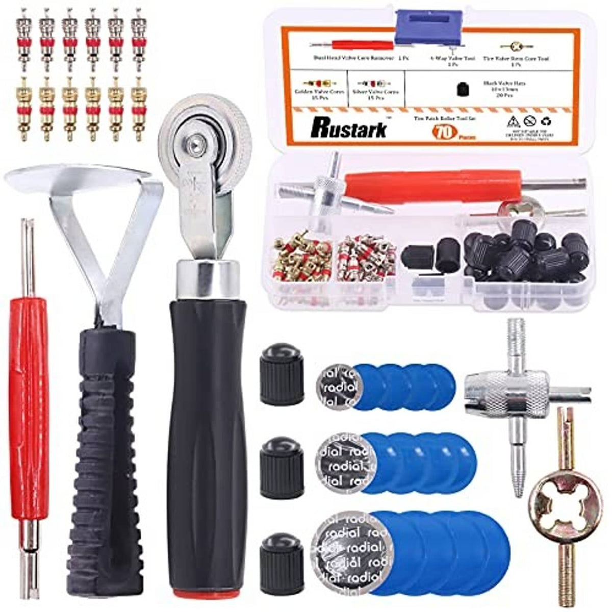 Tire patch and valve core tool set with scraper handle and blue patch caps