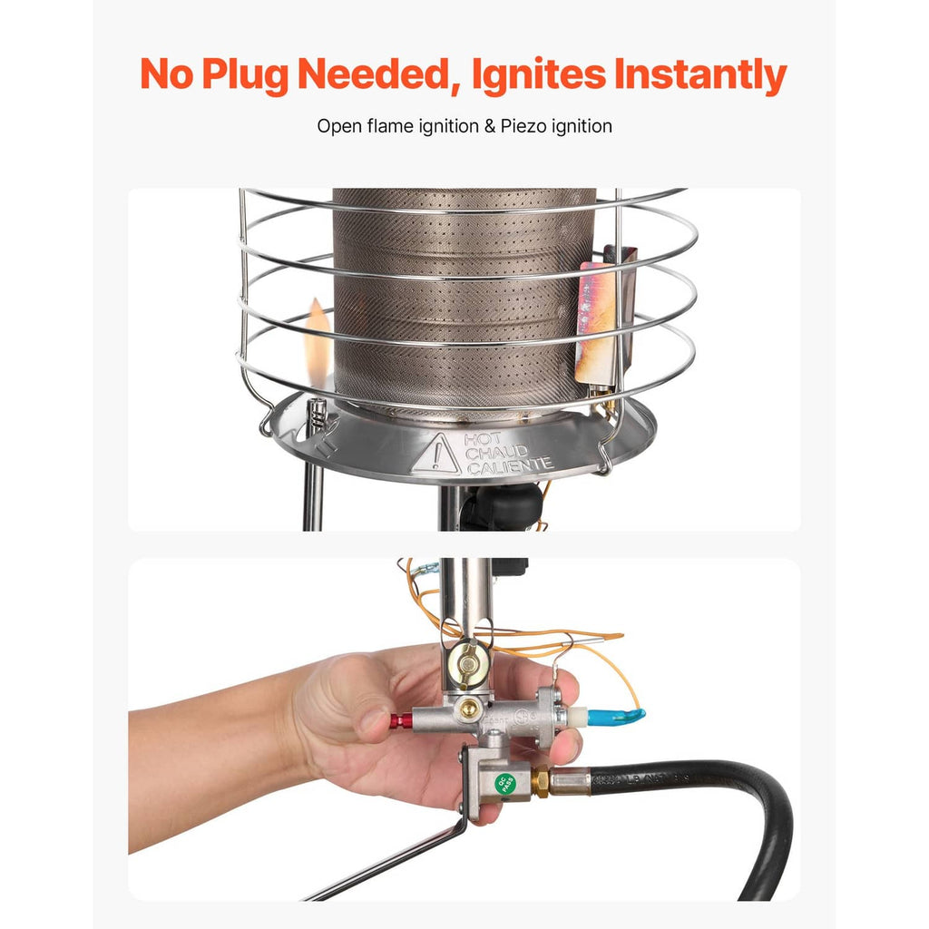 Portable propane radiant heater with piezo ignition and open-flame burner ring