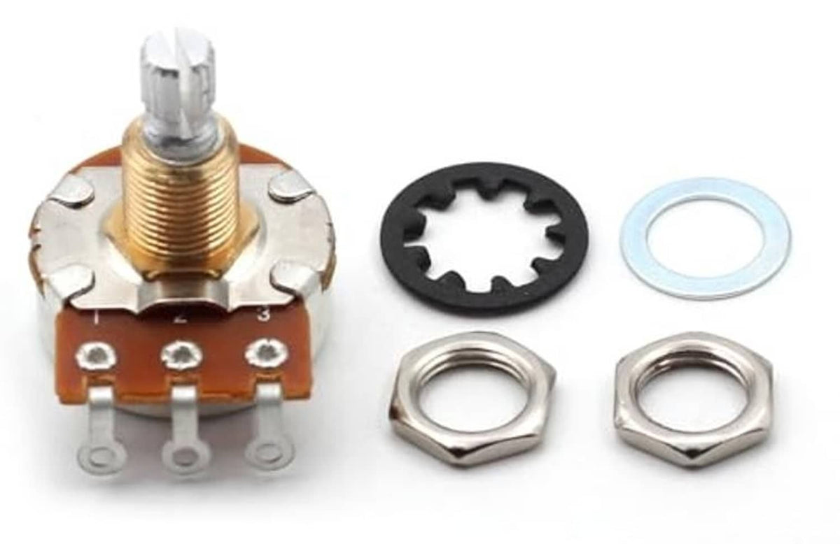 Potentiometer with short split shaft plus included hardware parts: lock washer and seal ring.