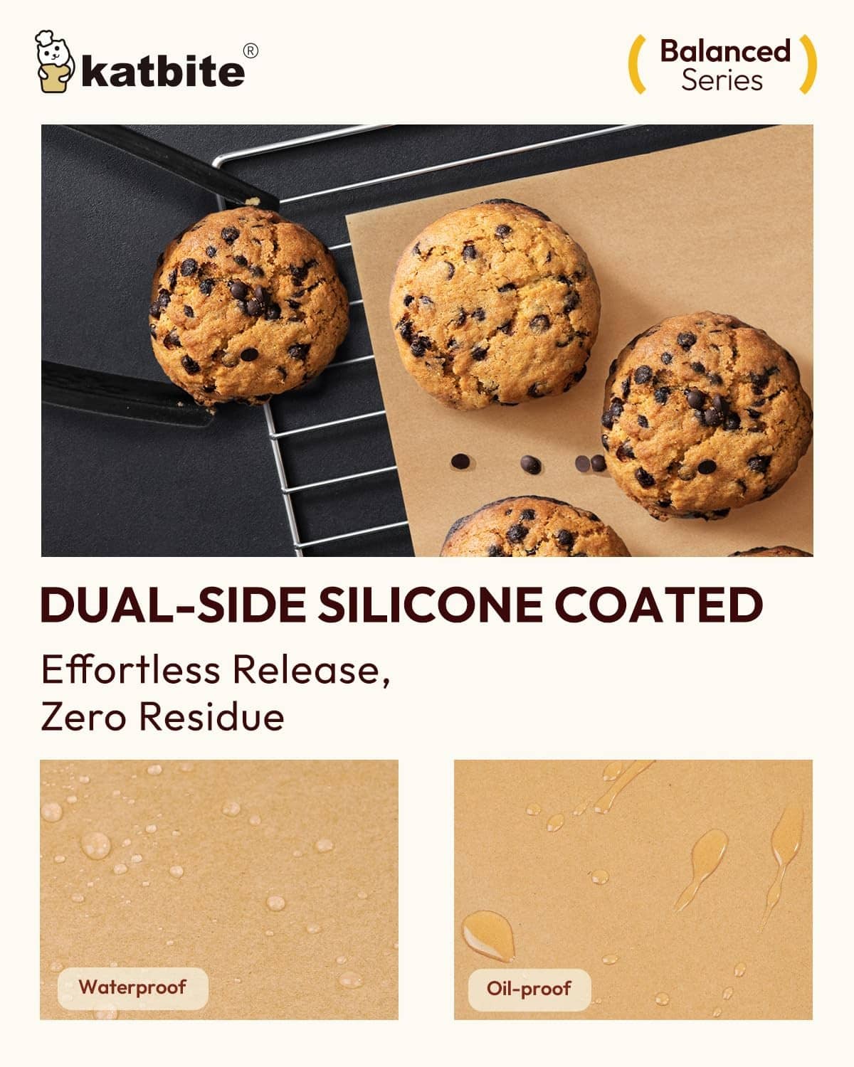 Dual-side silicone-coated parchment sheets with cookies on a baking rack