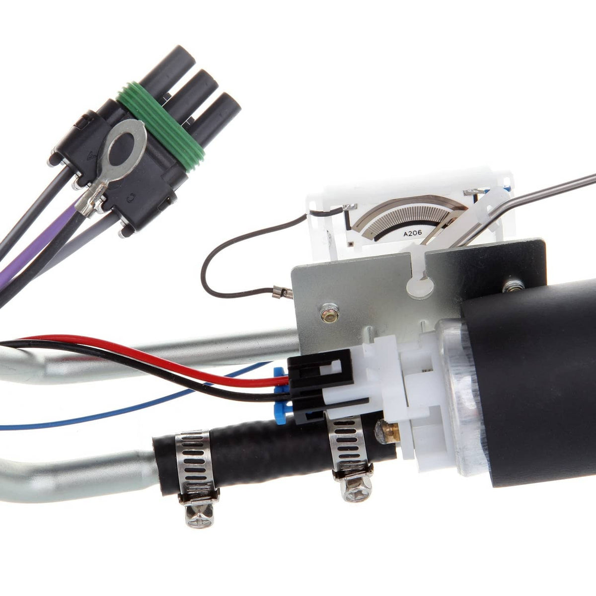 Fuel pump assembly with wiring harness, gray mounting plate and fuel line connections