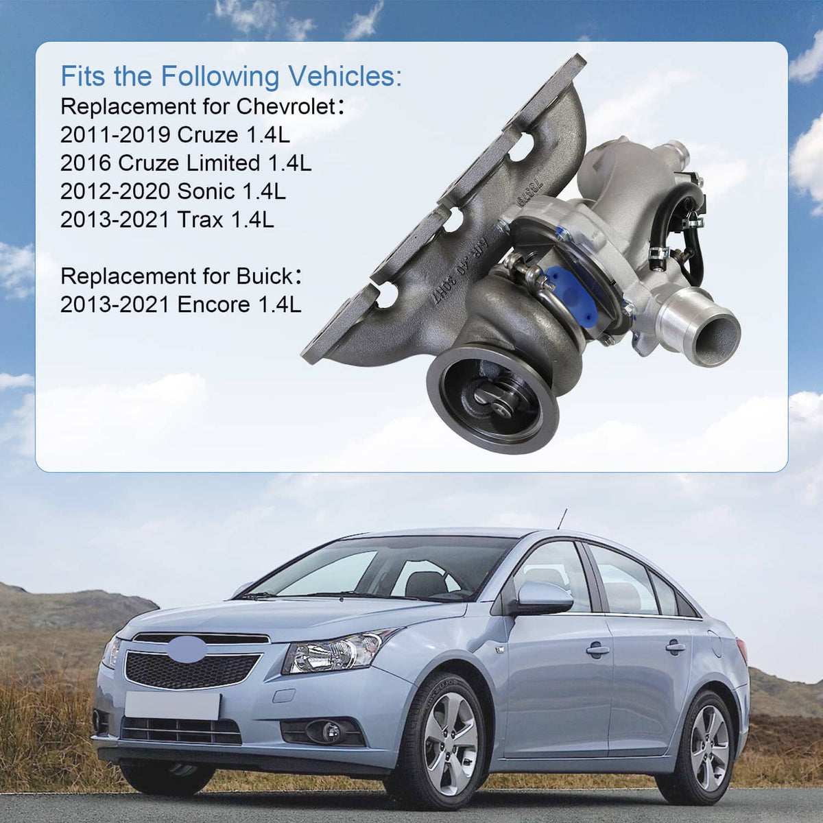 Turbocharger with turbine housing and intake pipe, shown with a fitment info card