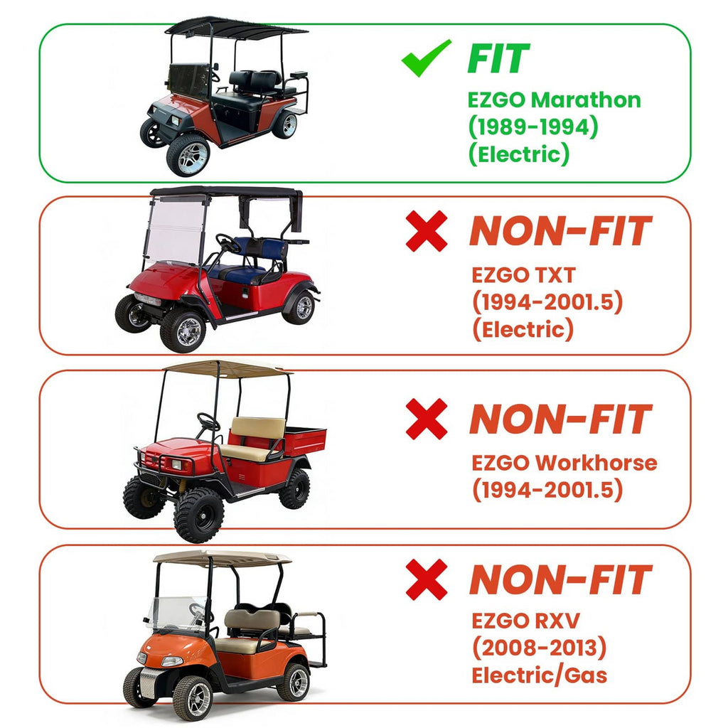 Fitment chart showing EZGO Marathon Electric as compatible with the lift kit