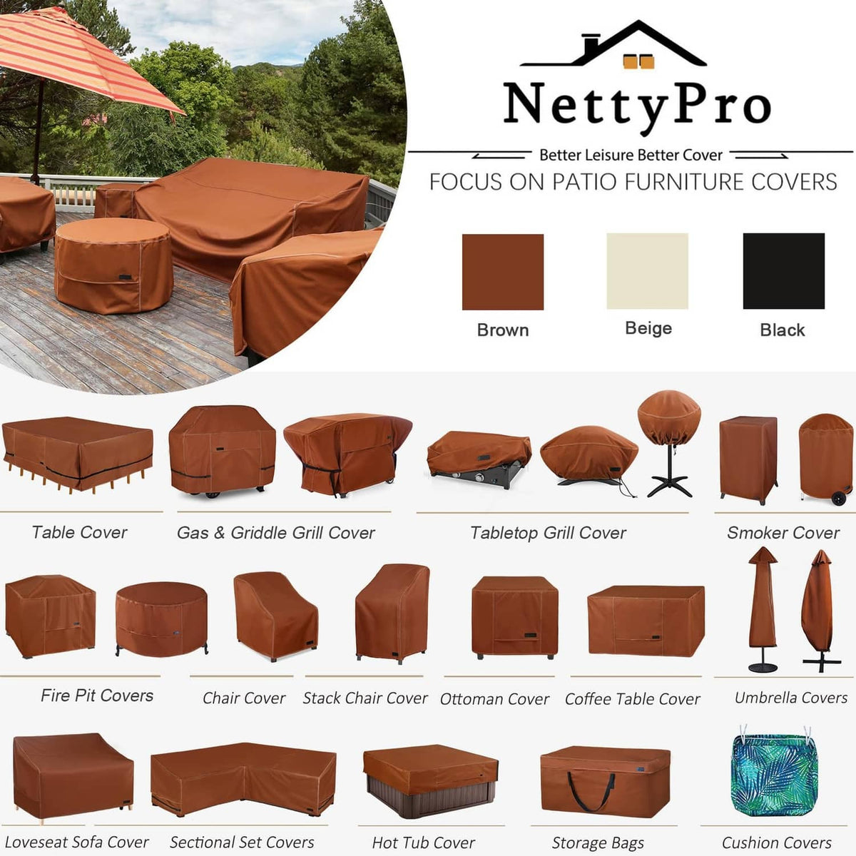 Brown patio cushion storage bag shown with other outdoor cover options