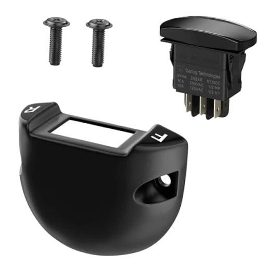 Black forward-reverse rocker switch housing with mounting screws and wiring terminals