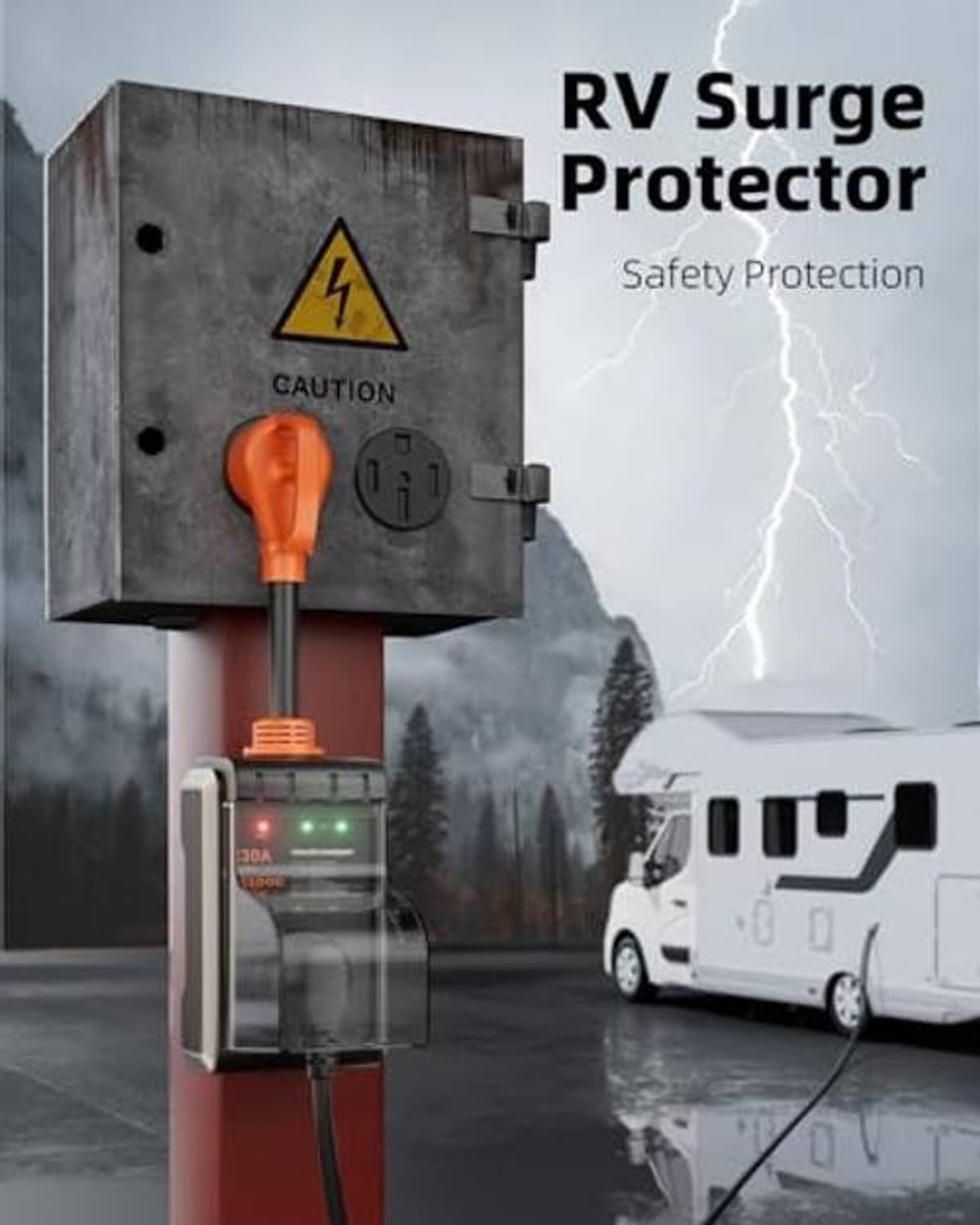 RV surge protector mounted on power box, with orange plug and glowing LED indicators