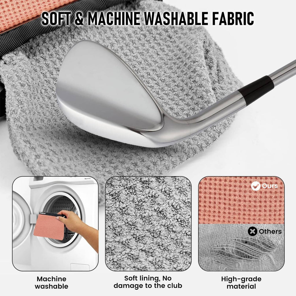 Gray textured cleaner fabric with metal club brush and white golf ball