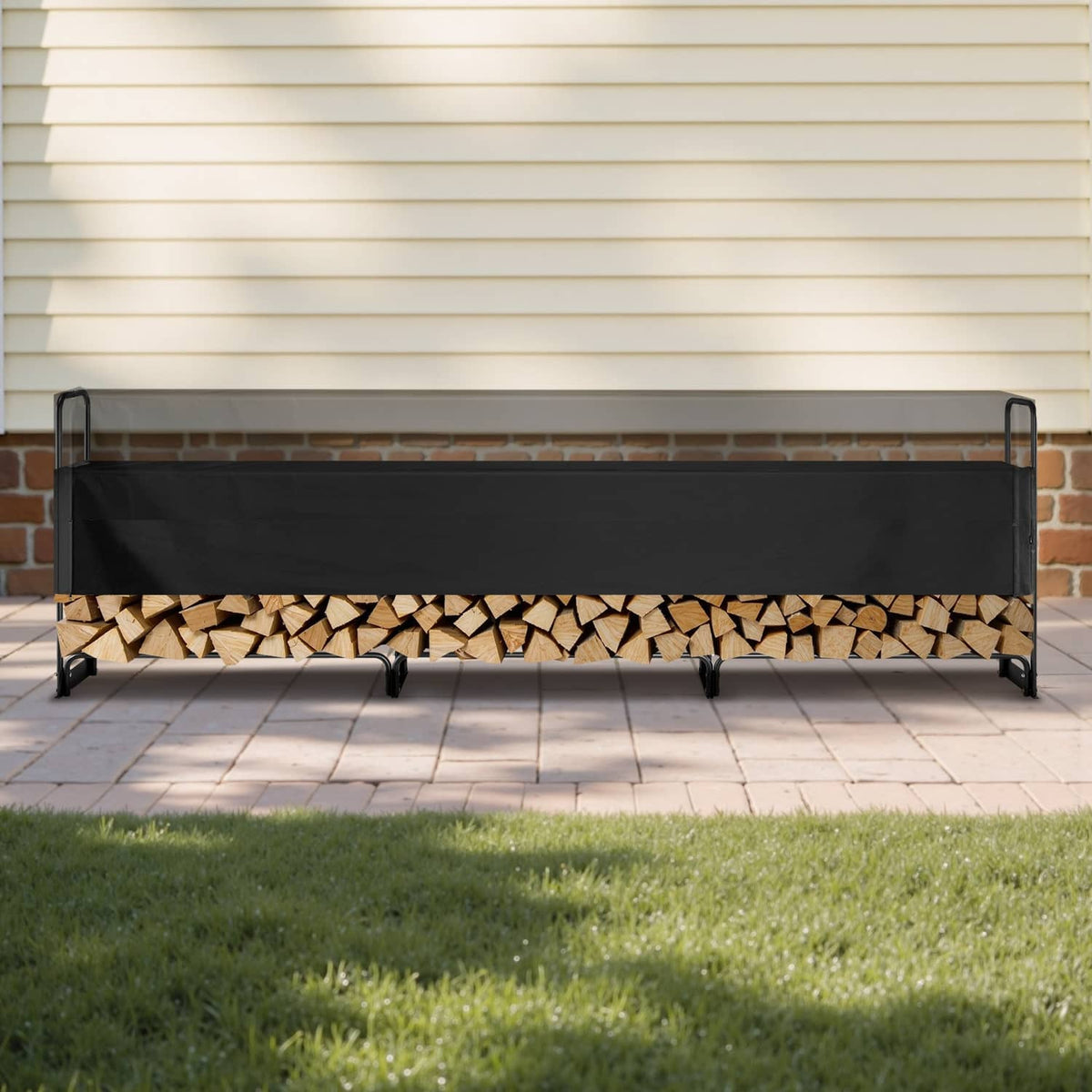 Outdoor firewood rack with black cover and stacked logs, raised on four legs
