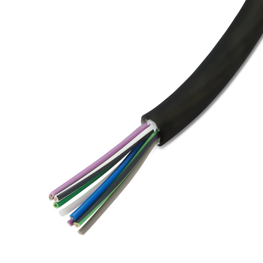 Cut end of black 9-conductor speaker wire with purple, blue, green, and white cores