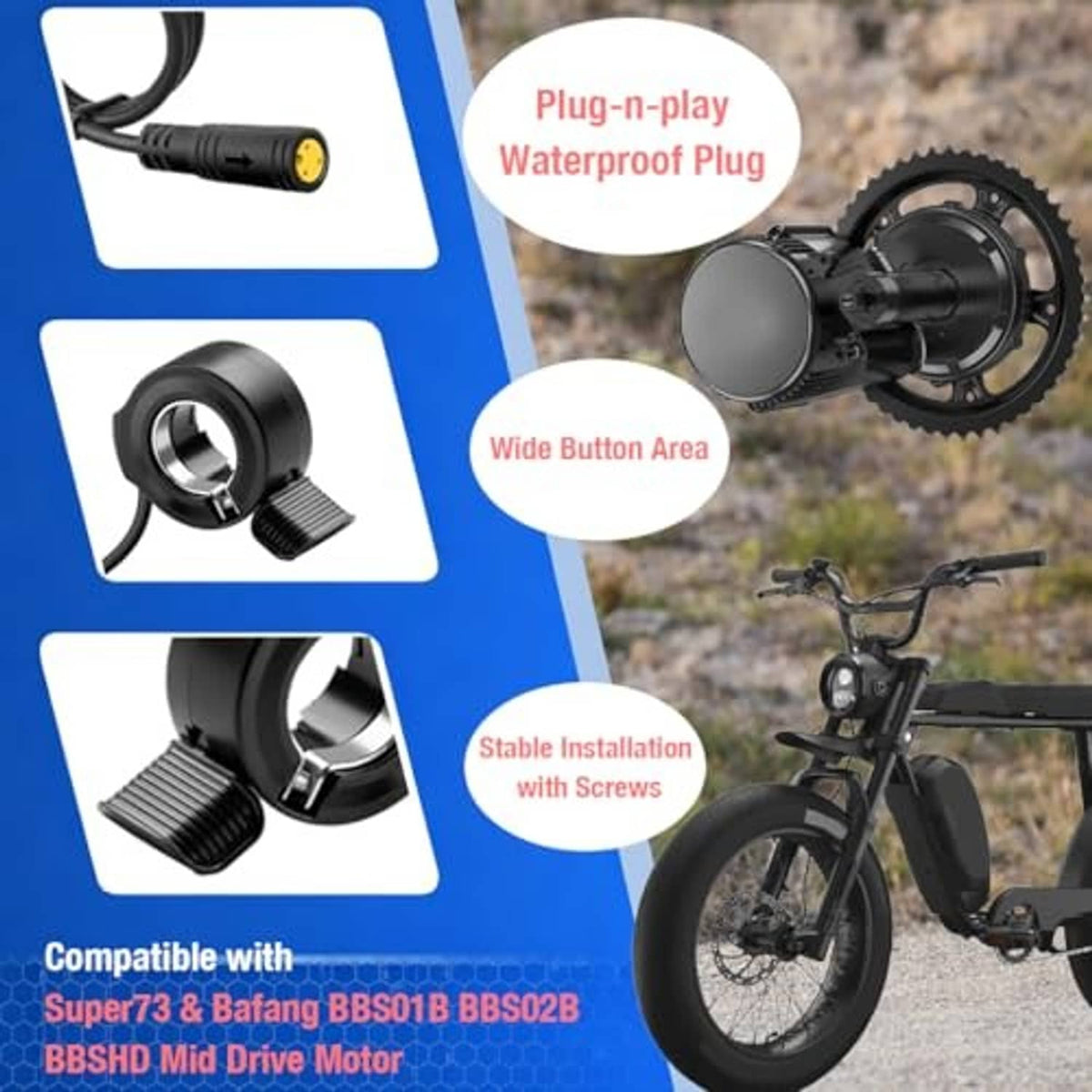 Thumb throttle kit with waterproof plug, wide button housing, and screw-mounted install