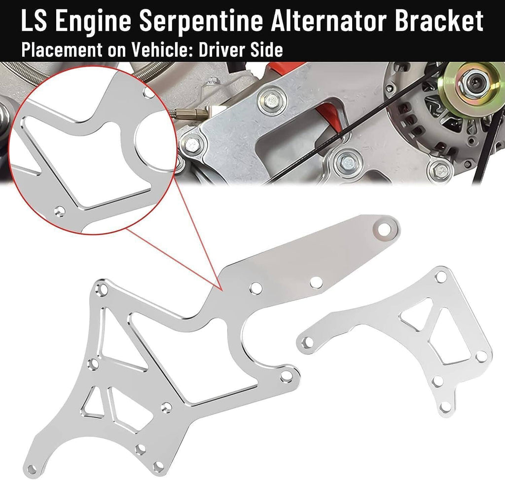 Silver aluminum serpentine alternator bracket for driver-side mounting, with holes