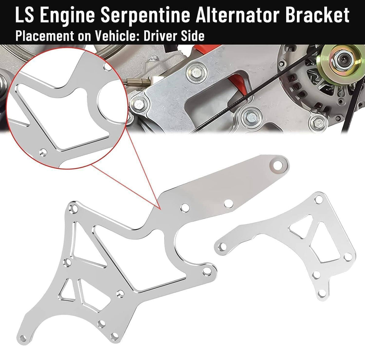 Silver aluminum serpentine alternator bracket for driver-side mounting, with holes