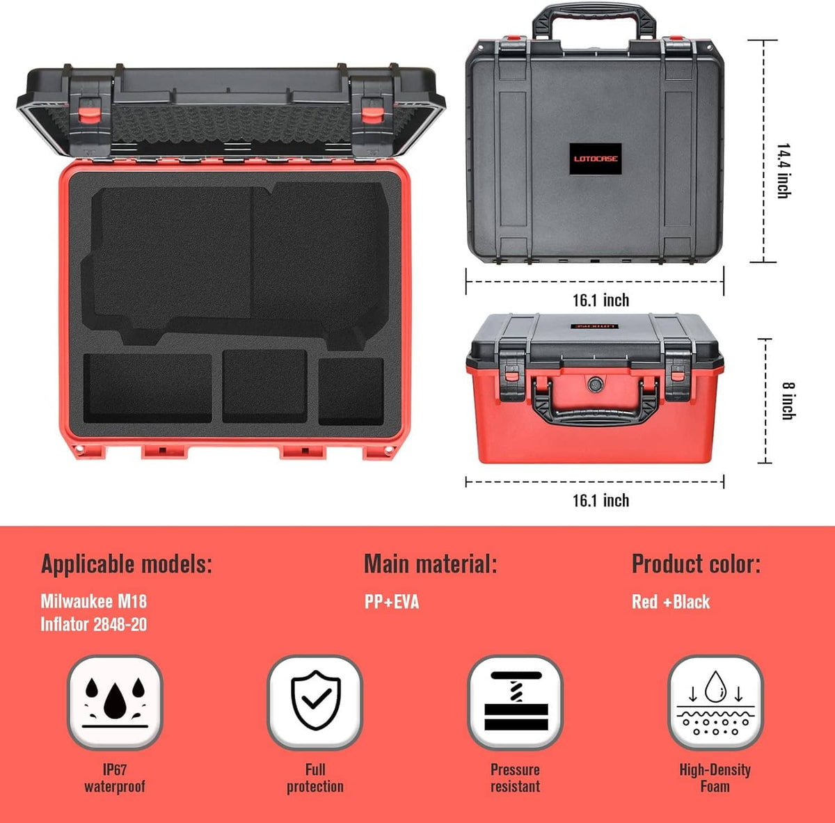Red-and-black waterproof hard case with foam compartments and handle