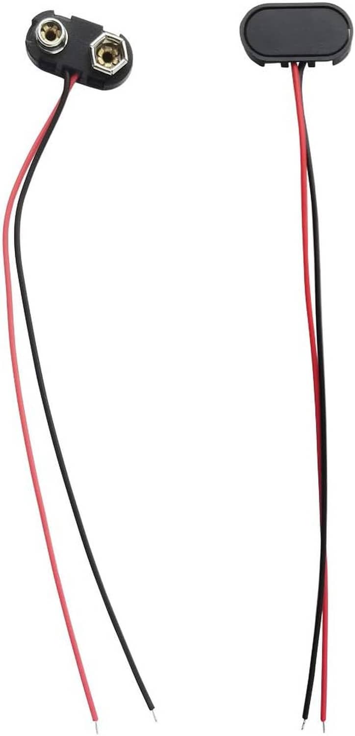 Two-wire T-type 9V battery connector leads with black housings and red/black insulation