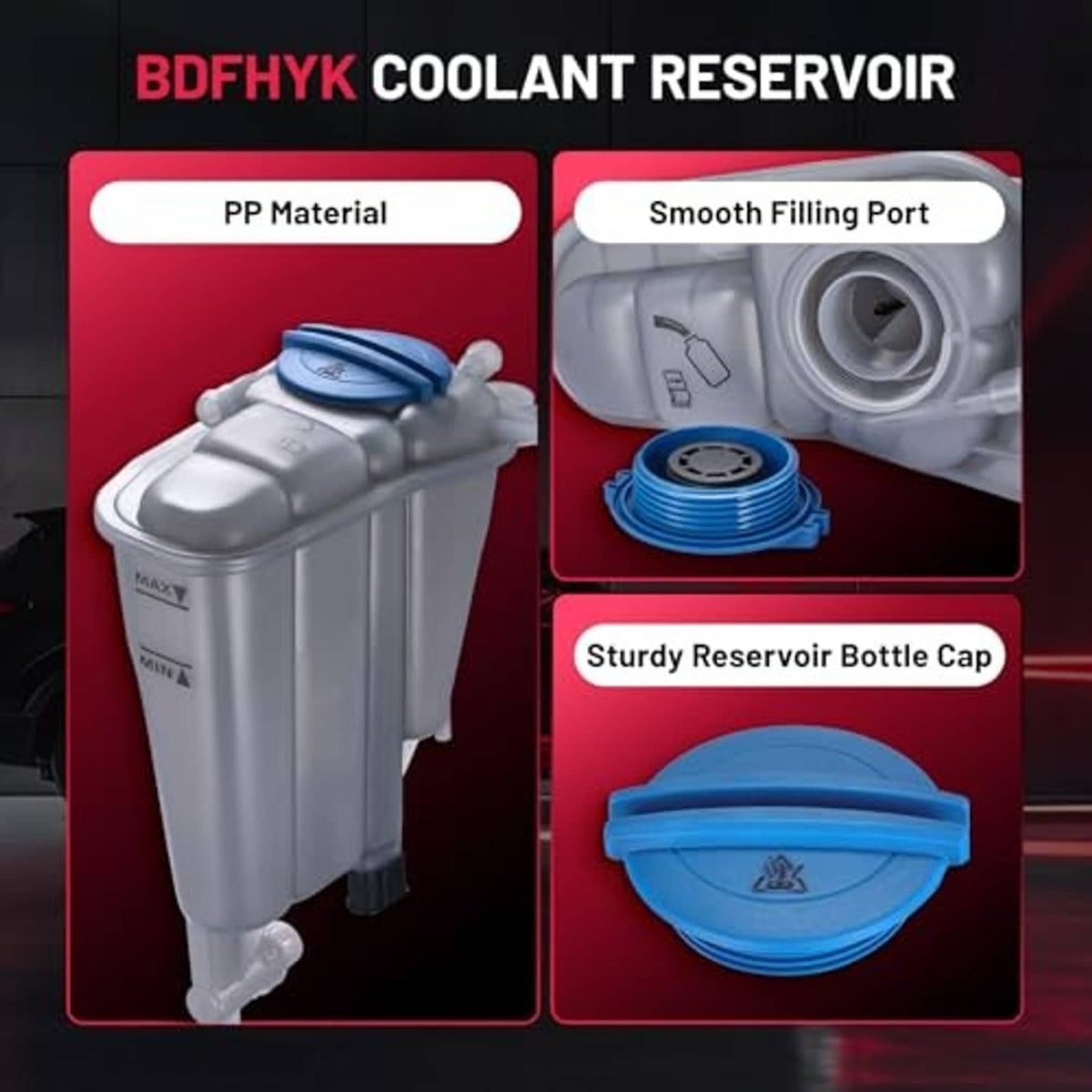 Coolant expansion reservoir bottle with blue cap, fill port, and cap detail