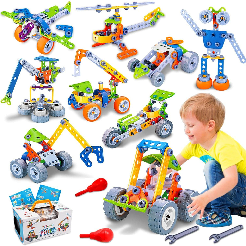 Multicolor 10-in-1 STEM building toy set with assembled vehicle and robot models