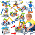 Multicolor 10-in-1 STEM building toy set with assembled vehicle and robot models