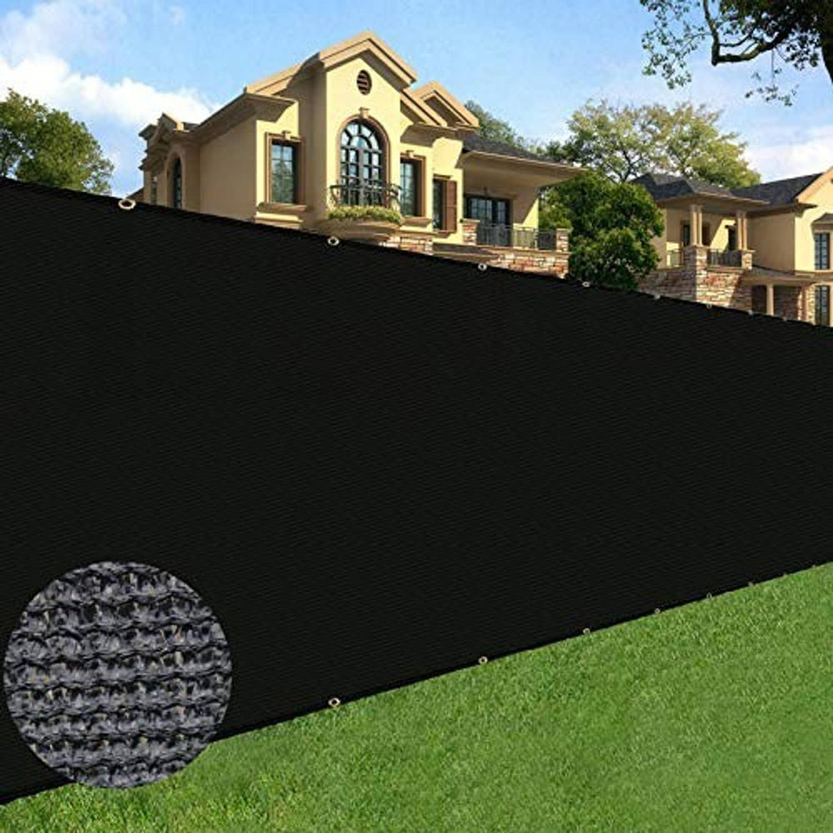 Black privacy screen fence panel with woven texture and metal grommets