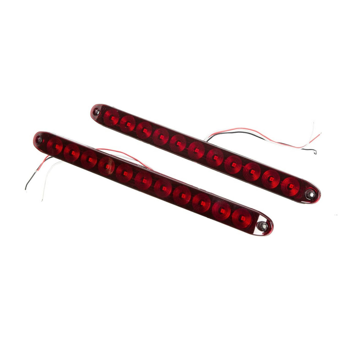 Red LED trailer light bar pair angled view with red lens and connecting wires