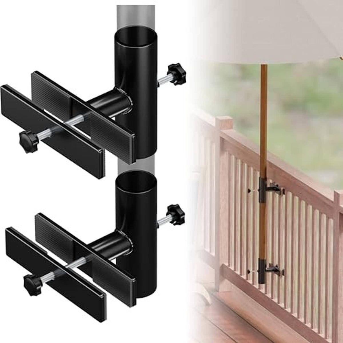 Patio umbrella holder set with adjustable black brackets and pole cup mounts
