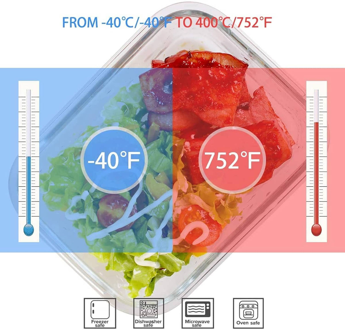 Glass food storage containers with clear snap lids and silicone seal ring