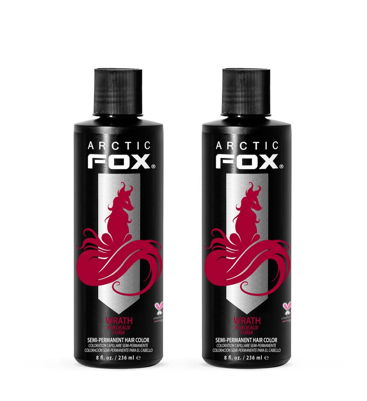 Semi-permanent hair dye bottles: ARCTIC FOX Wrath red, black caps, pack of 2