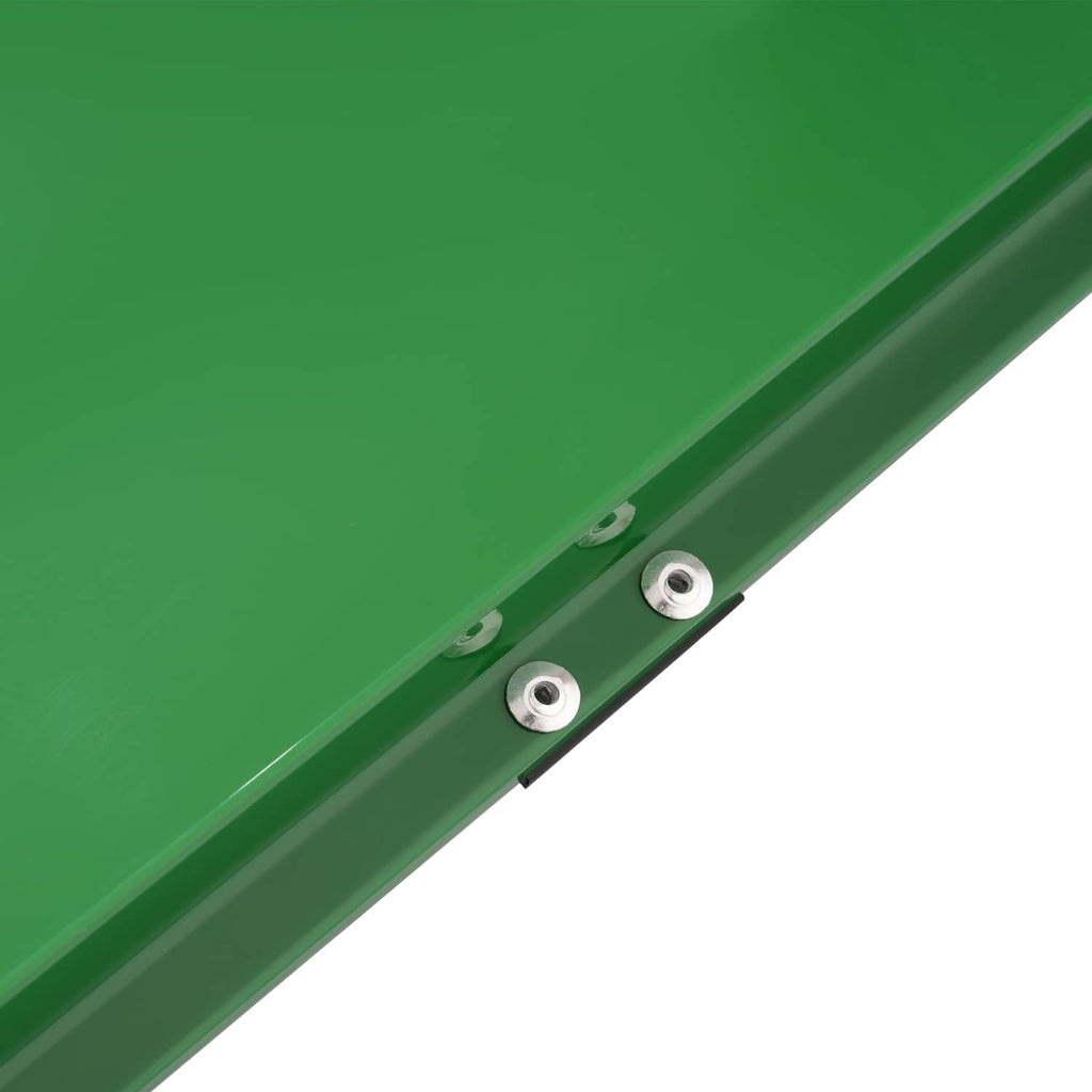 Green steel RH hood side panel side view with two mounting points and bolt holes