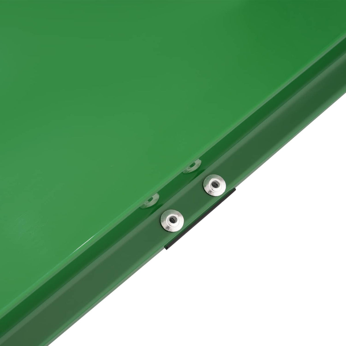 Green steel RH hood side panel side view with two mounting points and bolt holes