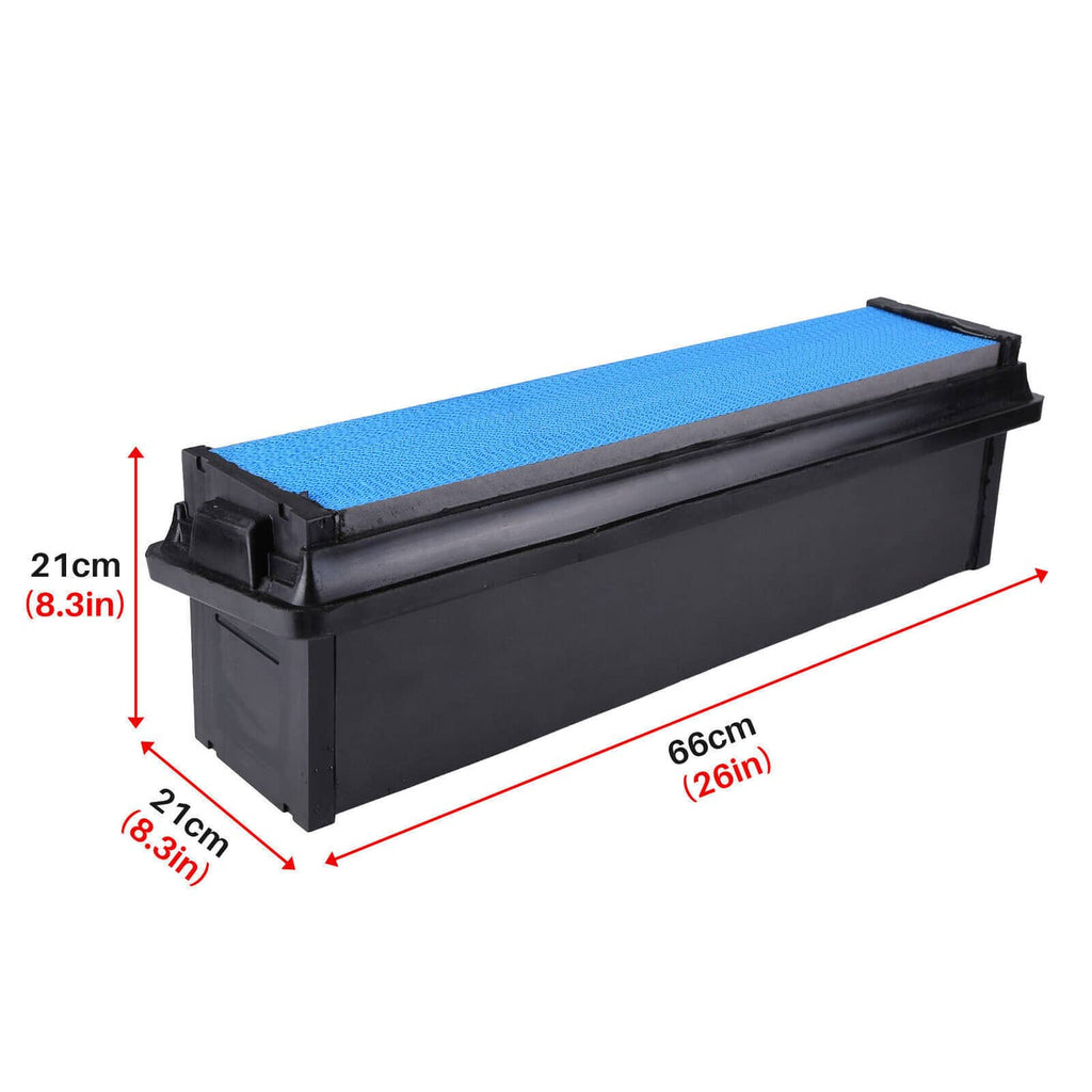 Engine air filter with blue pleated media on black housing with size markings