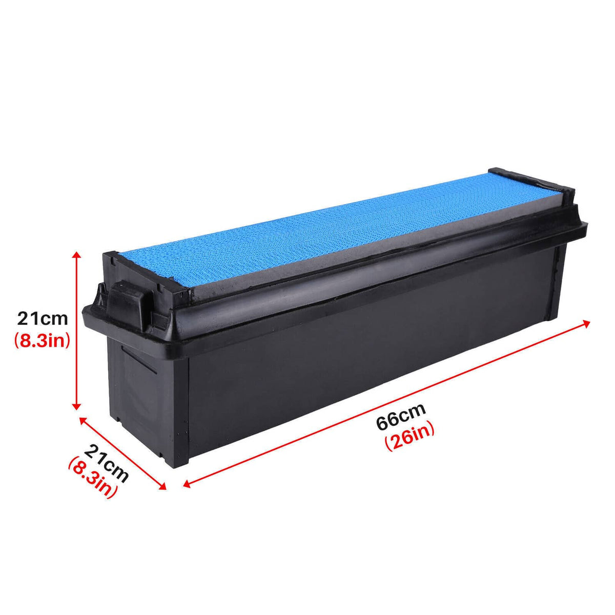 Engine air filter with blue pleated media on black housing with size markings