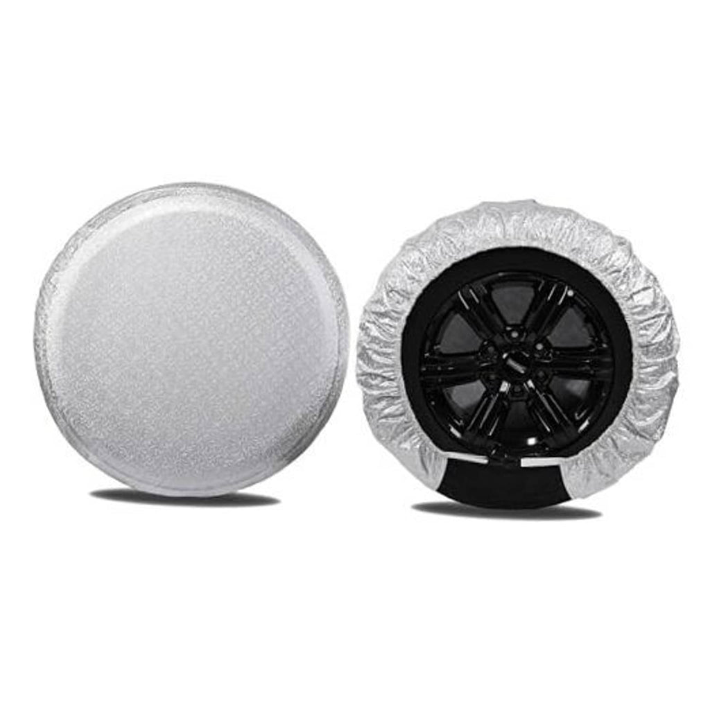 Silver RV wheel tire cover pair, shown with one black wheel and gray outer cover