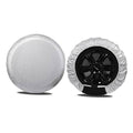 Silver RV wheel tire cover pair, shown with one black wheel and gray outer cover