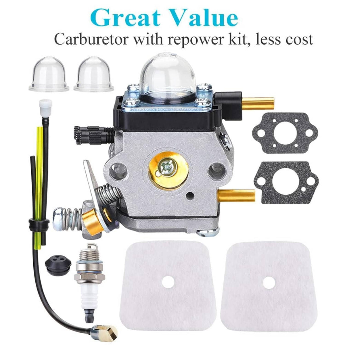 Carburetor kit with clear dome, fuel line, filter, and two paper gaskets